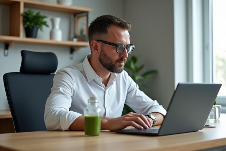 Poslovni čovek fokusiran na laptop u modernoj kancelariji, pije zeleni smuti