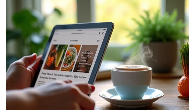 Osoba čita blog na tabletu uz šolju kafe, okružena biljkama