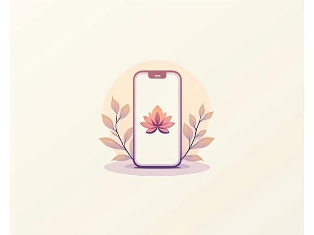 Minimalistička ilustracija dva pametna telefona sa ekranima koji prikazuju ikone za meditaciju i harmoniju, okružena stilizovanim listovima, na mirnoj, pastelnoj pozadini.