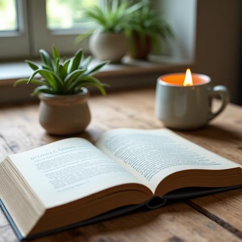 Knjiga o mindfulnessu i meditaciji na stolu pored šolje čaja i zelene biljke