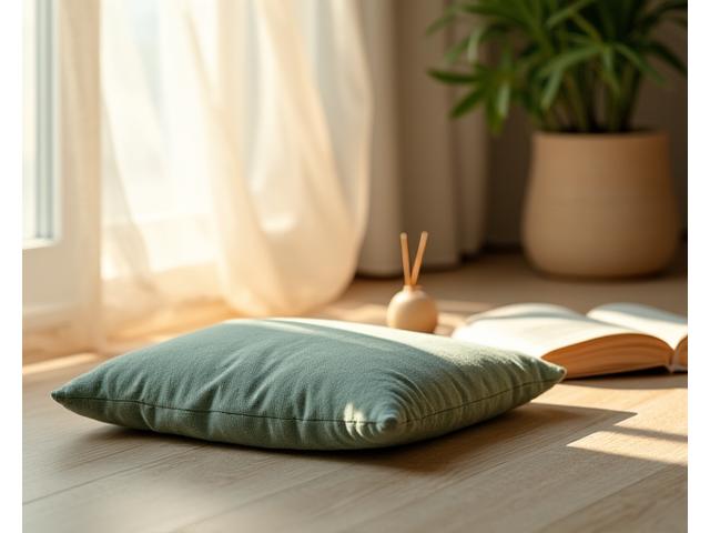 Osoba meditira uz jastučić za meditaciju, sa otvorenim knjigama i mirisnim štapićima