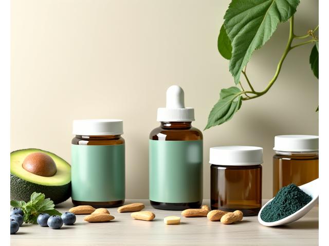Razni suplementi i vitamini u bočicama sa svežim voćem i povrćem u pozadini