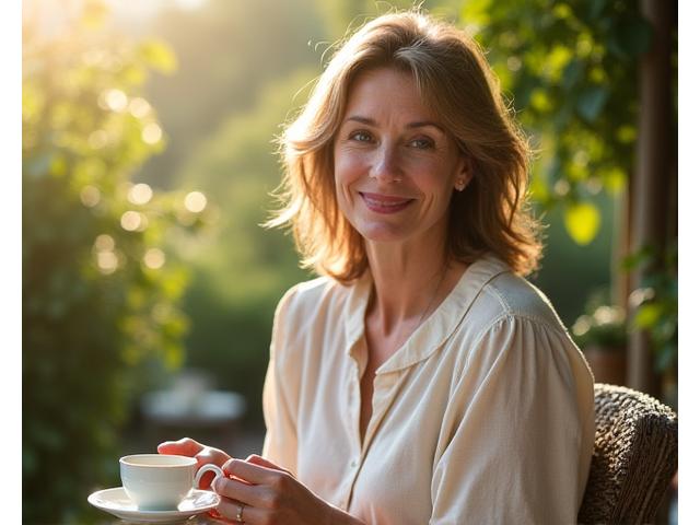 Žena sa osmehom uživa u šoljici čaja na terasi, simbolizujući vitalnost